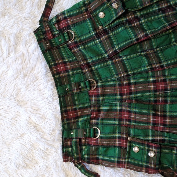 Y2K Tripp Green & Red Tartan Plaid Pleated Cargo Kilt Size XS - Picture 6 of 10